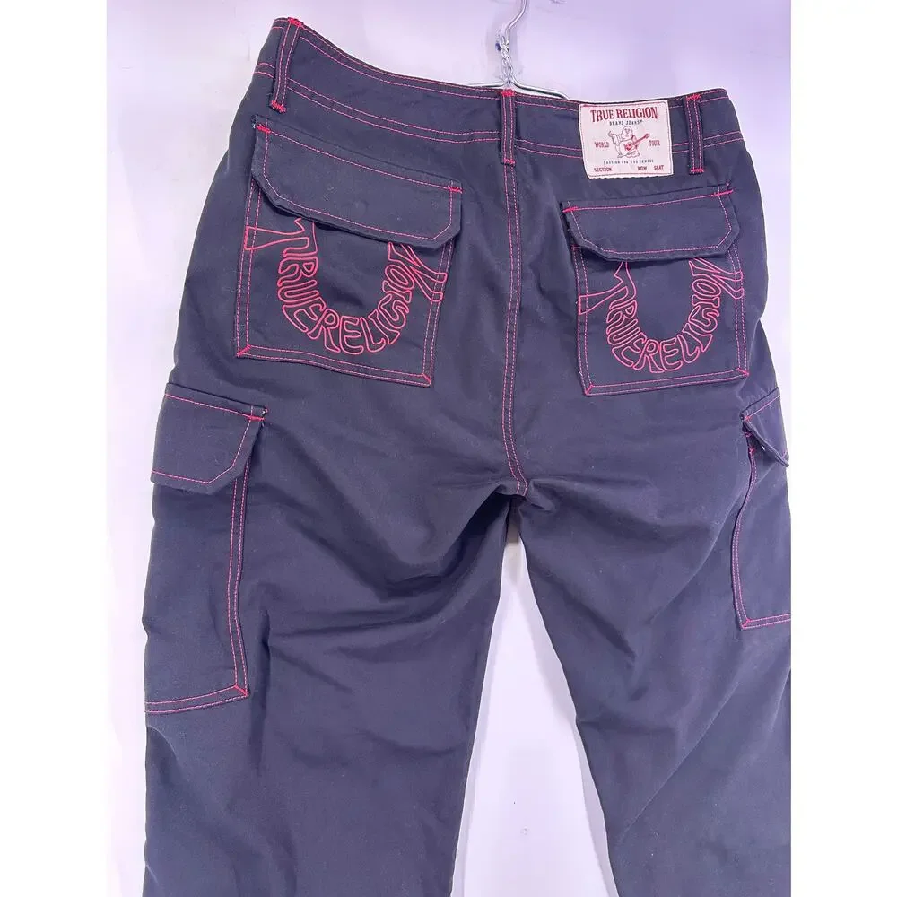 True Religion Jet Black Cargo Jeans Red Accents Size 32